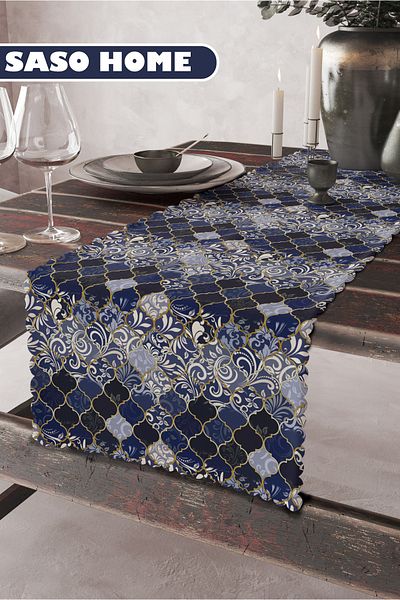 SasoHome Ottoman Ethnic Tile Motif Pattern Ποιοτικό Βελούδινο Ύφασμα 45x140 cm Διακοσμητικό - Δώρο Runner