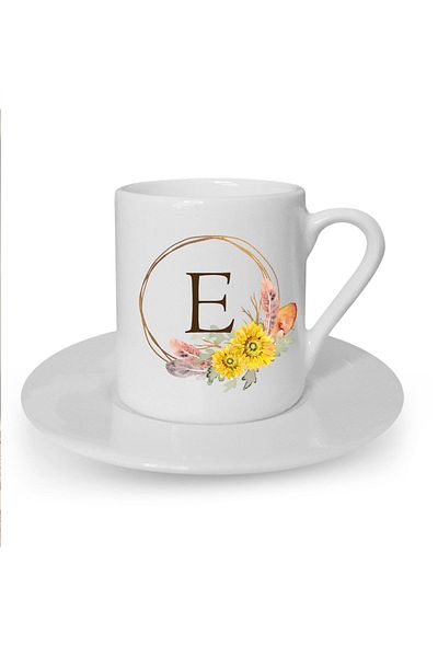 Kumbara Hediyelik Floral Patterned Letter E Printed Turkish Coffee Cup