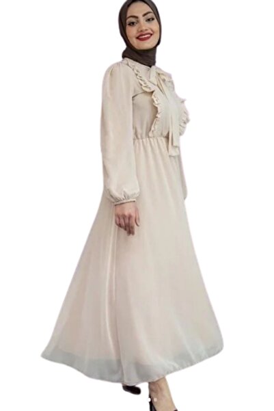 Butik Eylül Marka,kadın Şifon Uzun Elbise,yaka Fırfırlı/bağcıklı,bel Büzgülü,...