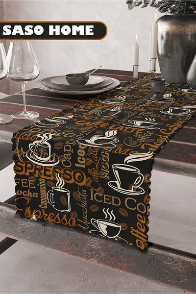SasoHome Coffee Time - Coffee Time Patterned Quality Velvet Fabric 45x140 cm Διακοσμητικό - Gift Runner