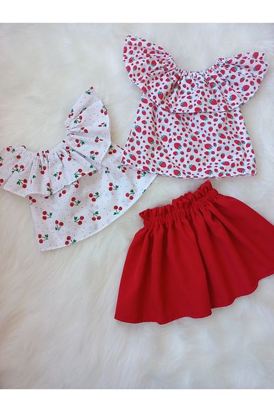 Eylülce Butik Cherry-strawberry Patterned 2-Piece Blouse & Red Skirt Set