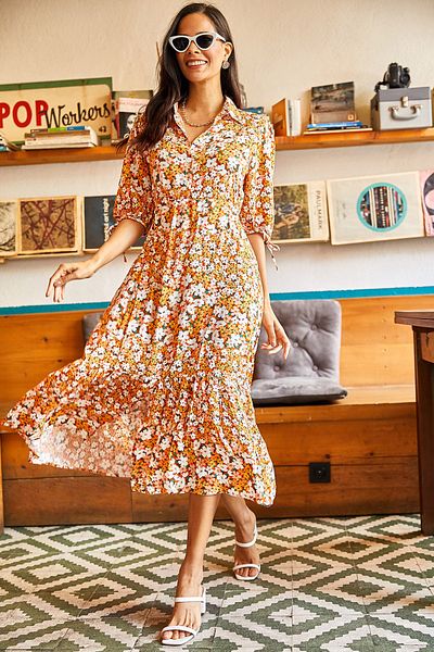 Olalook Women's Orange 4 Button Sleeve Detailed Slit Woven Viscon Dress ELB-19001725