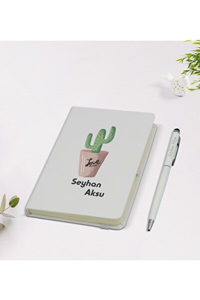 BK Kişiye Özel Isimli Kaktüs Tasarımlı 9x14cm Beyaz Defter Ve Kalem Hediye Se...