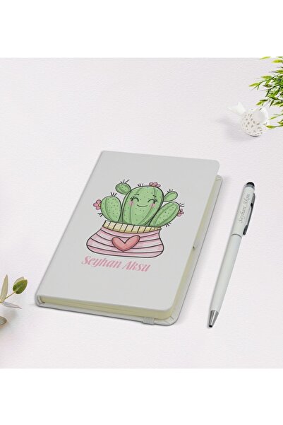 BK Kişiye Özel Isimli Kaktüs Tasarımlı 9x14cm Beyaz Defter Ve Kalem Hediye Se...