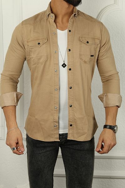 çerme Ανδρικό τζιν μπλουζάκι Slim Fit Μπεζ