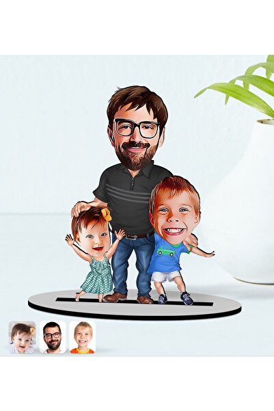 Bk Gift Kişiye Özel Baba Oğul Kız Karikatürlü Ahşap Biblo Model-1