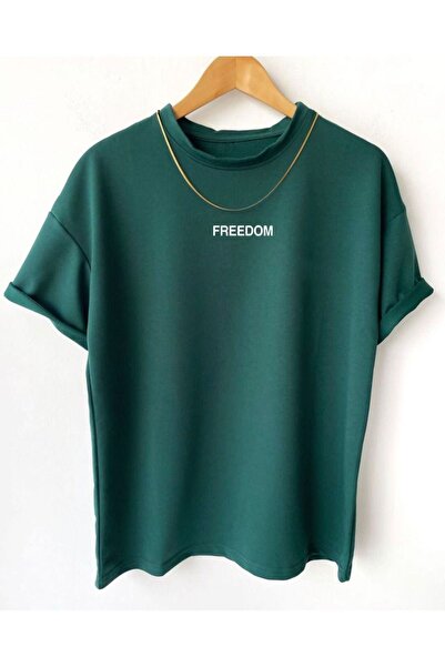 Benisengiydir Мъжка тъмнозелена тениска с къс ръкав и щампа Freedom Oversize