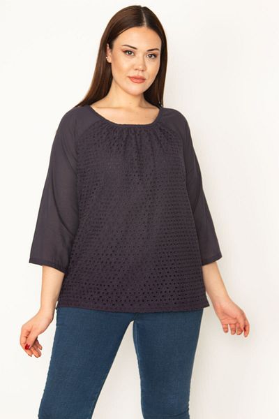 Şans Women's Plus Size Navy Blue Front Lined Hole Embroidery Capri Sleeve Voile Blouse 65n33114