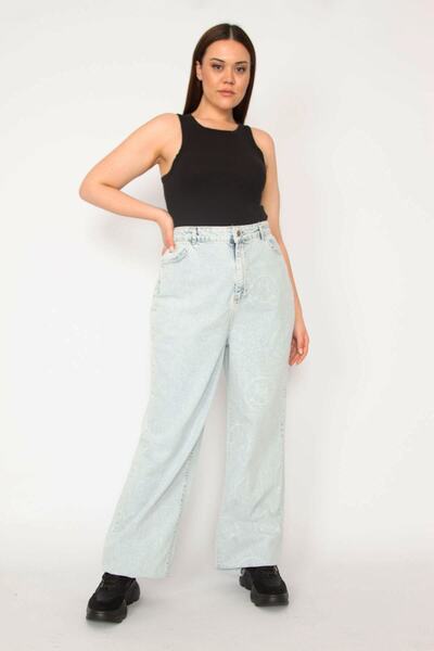 Şans بنطلون جينز نسائي مقاس كبير باللون الأزرق من السيليكون المطبوع 65n33074