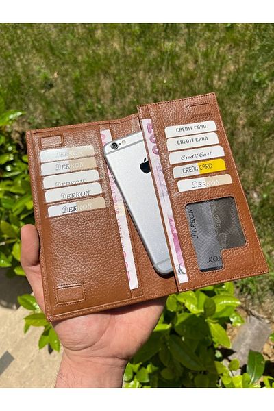 DERKON Genuine Leather Wallet with Magnetic Phone Compartment Tan