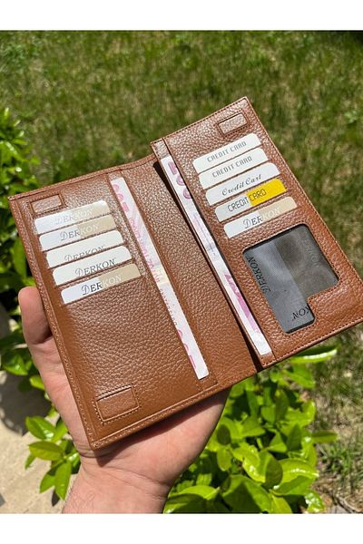 DERKON Genuine Leather Wallet with Magnetic Phone Compartment Tan