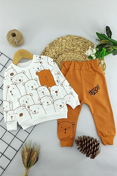 ALİSS Erkek Bebek Hardal Bear Ayı Hello Yazılı Takım 6-9-12-18 Ay