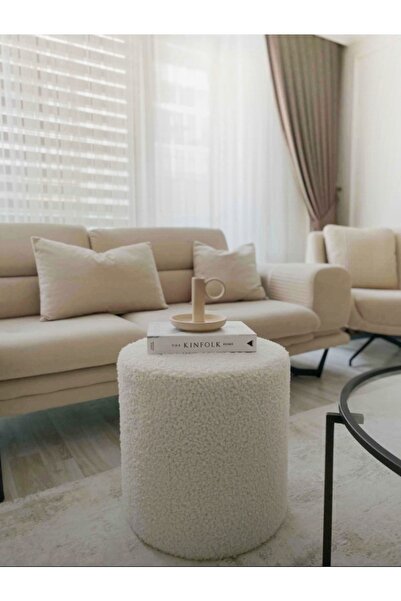 PUFANNA Handmade Krem Tedy Kumaş Silindir Dekoratif Pufidik Puf Bench