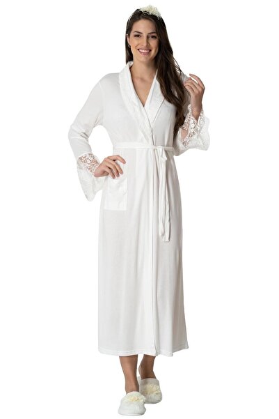 Lohussa Women's Ecru Lace Cotton Combed Long Maternity Maternity Dressing Gown