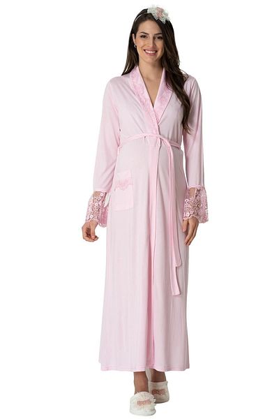 Lohussa Women's Pink Lace Cotton Combed Long Maternity Maternity Dressing Gown