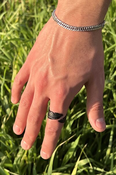 The Collection Tüy Yaprak Figürlü Ayarlanabilir Siyah Erkek-kadın Yüzük