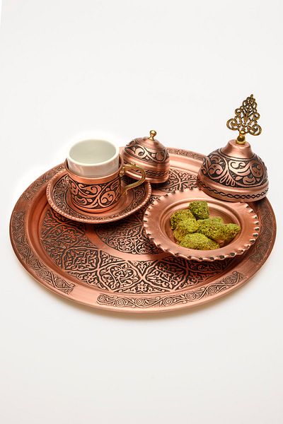 DMT COPPER HOME طقم فناجين قهوة تركية مفردة من الدرجة الأولى مطرزة يدويًا بالكامل من النحاس Gaziantep مع صينية 25 سم