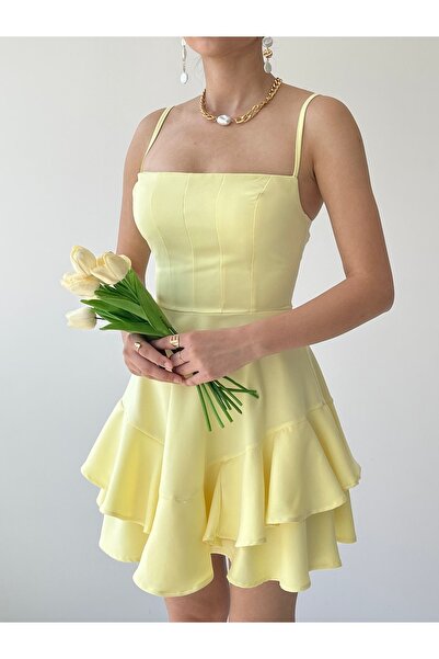vuvutasarım Adjustable Thin Strap Skirt Floor Detailed Yellow Dress Yellow Engagement Dress 102