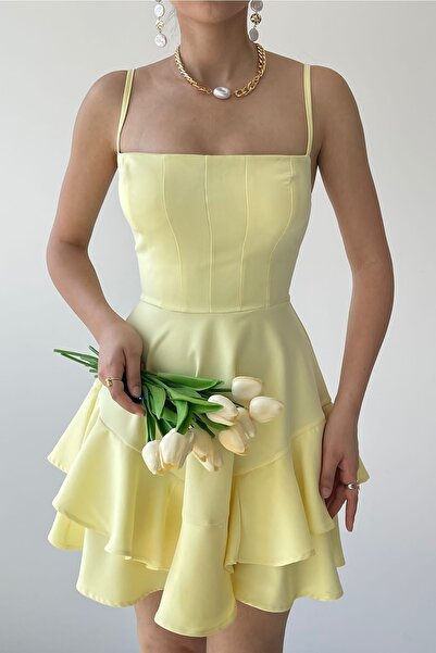 vuvutasarım Adjustable Thin Strap Skirt Floor Detailed Yellow Dress Yellow Engagement Dress 102