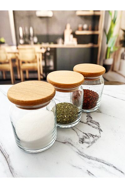denizcan ticaret 3 Pieces Glass Spice Rack with Bamboo Lid