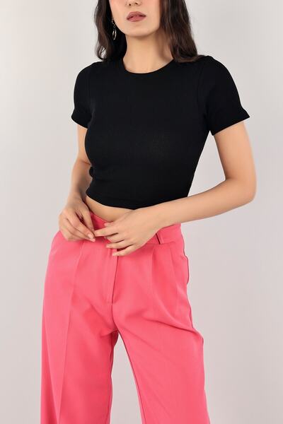 Generic Brand Γυναικεία Crop Μπλούζα με Μαύρη Ribbed