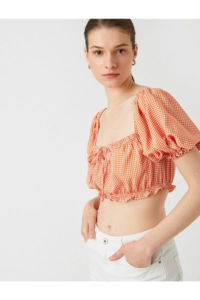Koton Crop Blouse Square Neck Balloon Sleeve