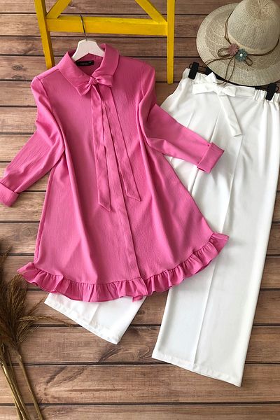 MODAQU Combination-Ruffle Detailed Tunic and Trousers - Candy Pink