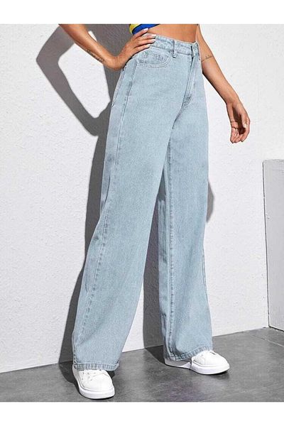 LİMABEL Elena 90's Blue Snow Wash Loose Palazzo Wideleg Jean Power Lycra Femei Talie înaltă