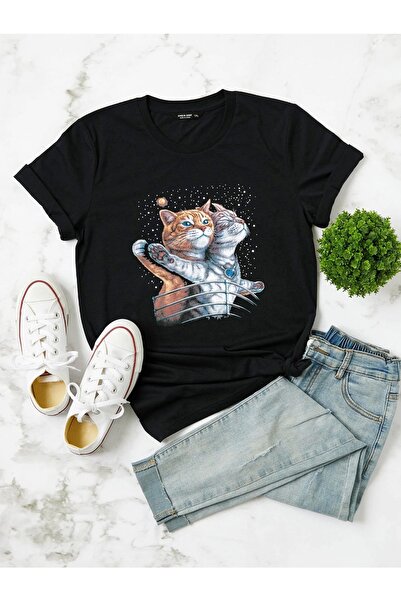 YUVEST تي شيرت أسود مطبوع عليه قطة تيتانيك من بلاك روك للجنسين.