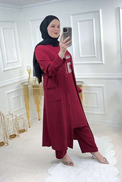 Aşkı Endam Women's Large Size Stone Detailed Triple Suit with Pockets - Claret Red