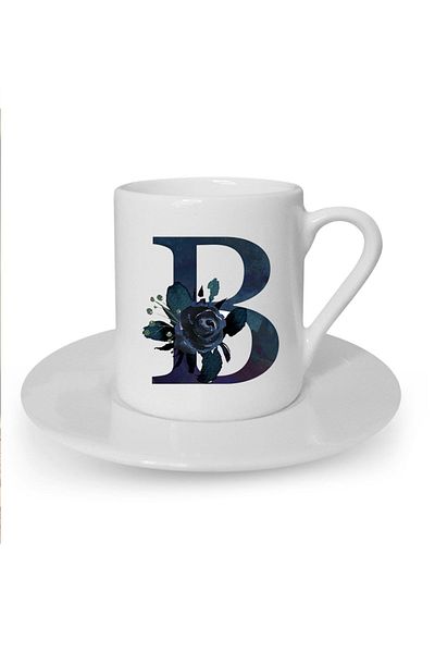 Kumbara Hediyelik White Turkish Coffee Cup with Black Rose Letter B Printed