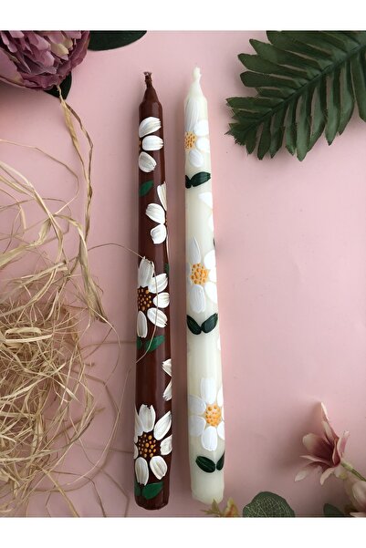 Elif Design 2 Li Papatya Desenli El Çizimi Kokulu Konik Ve Burgu Mum Şamdan M...