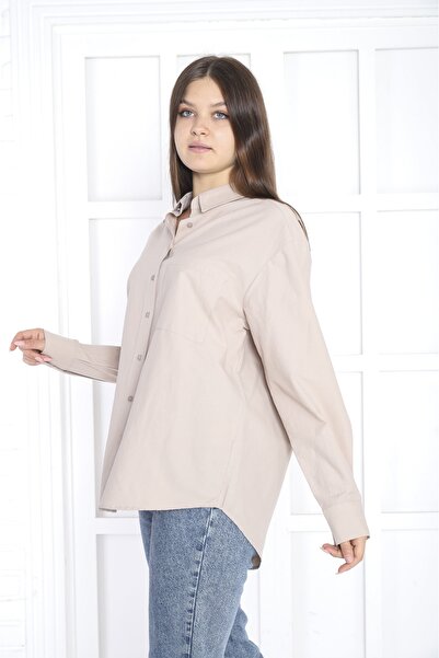 Bireysa Kadın Oversize Poplin Gömlek Düz Renk