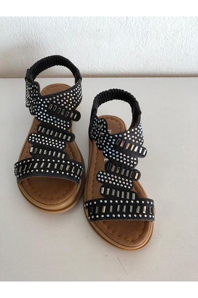 Anıl Girl's Black Stoned Flat Sole Sandals