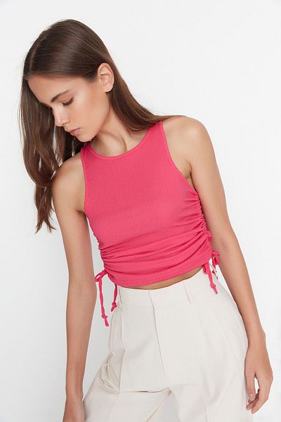 Trendyol Collection Fuchsia Ruffle Detailed Wrinkled Fabric Crop Knitted Blouse THMSS22BZ1016