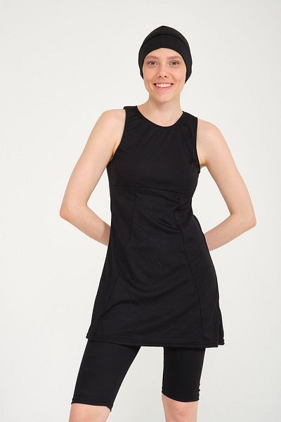AYSU Women's Black Sleeveless Hijab Swimsuit Set with Skirt, Leggings and Bonnet