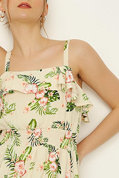 Select Moda Women's Cream Floral Ruffle Detailed Dress