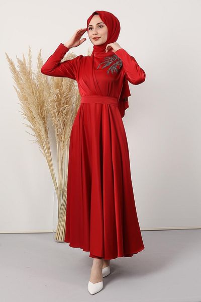 Giza Giyim Satin Shoulder Evening Dress Red