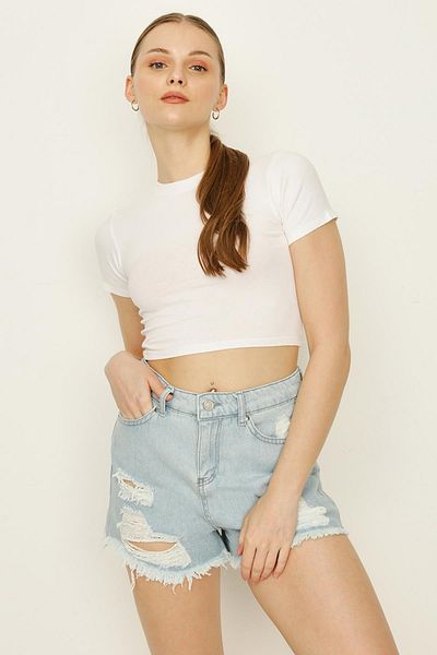 Select Moda Pantaloni scurți de damă albastru deschis din denim cu detalii rupte