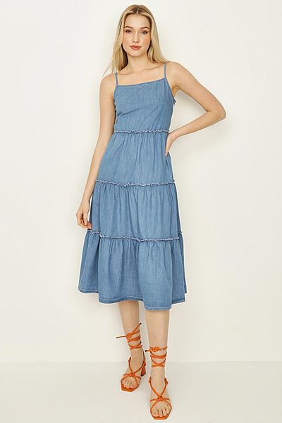 Select Moda Rochie de damă albastră cu bretele blocate din denim
