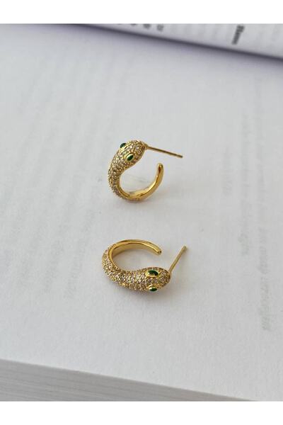 Esmeray Aksesuar Vip Çelik Gold Renk Zirkon Taş Yılan Tasarım Antialerjik Küpe Genişlik 1 Cm.