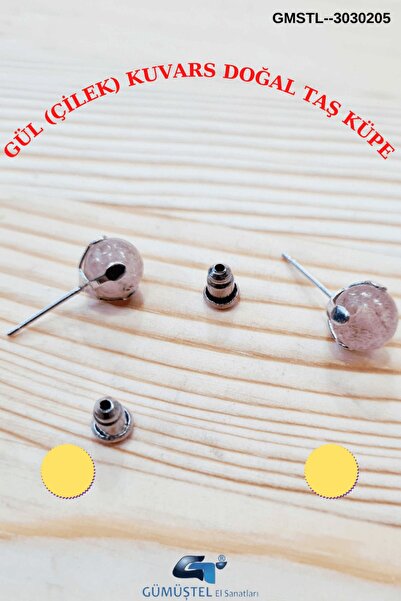 GÜMÜŞTEL EL SANATLARI Sertifikalı Gül (ÇİLEK) Kuvars Doğal Taş Top Küpe Doğal...
