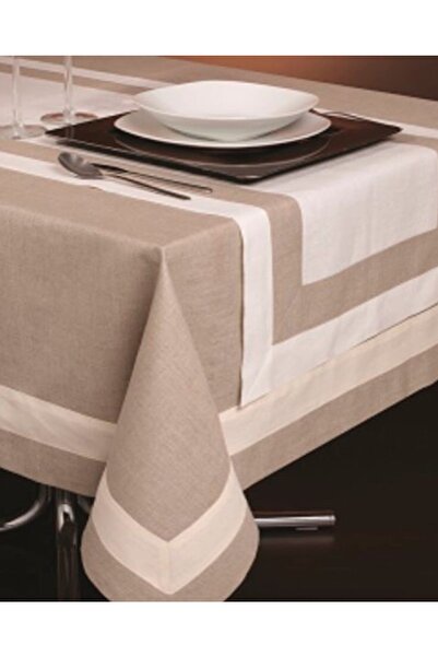 METİNEV Bej Beyaz Çerçeveli Keten Dikdörtgen Ekstra Runnerli Masa Örtüsü