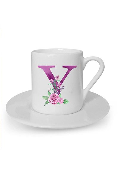 Kumbara Hediyelik White Purple Colored Turkish Coffee Cup - Y Printed