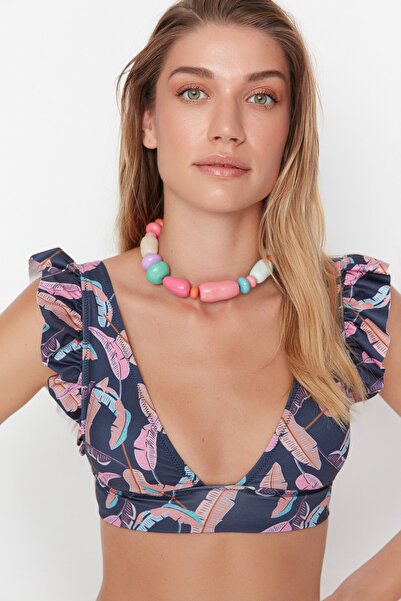 Trendyol Collection Frilly Leaf Patterned Triangle Bikini Top TBESS21BU0056