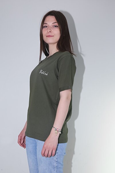 Kadın Yeşil Regular Marka Imzalı Nakış Fcl T-shirt