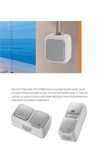 VİKO Palmiye Sıva Üstü Anahtar + Topraklı Priz Kombine Set ( Su Sıçramalarına Dayanıklı)