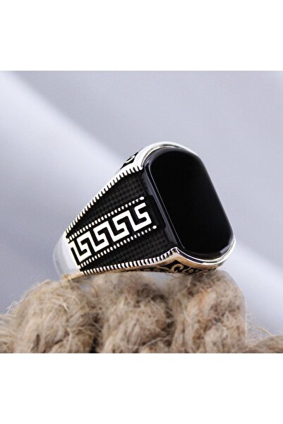 OSMANLI GÜMÜŞ Siyah Oniks Taşlı Grek Desen Özel Seri Erkek Gümüş Yüzük - Ey3089