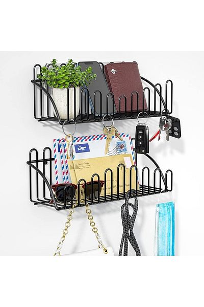 decorelax 2-Piece Wire Shelf Organizer Flower Holder Black Wall Shelf Set