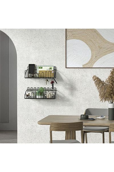 decorelax 2-Piece Wire Shelf Organizer Flower Holder Black Wall Shelf Set